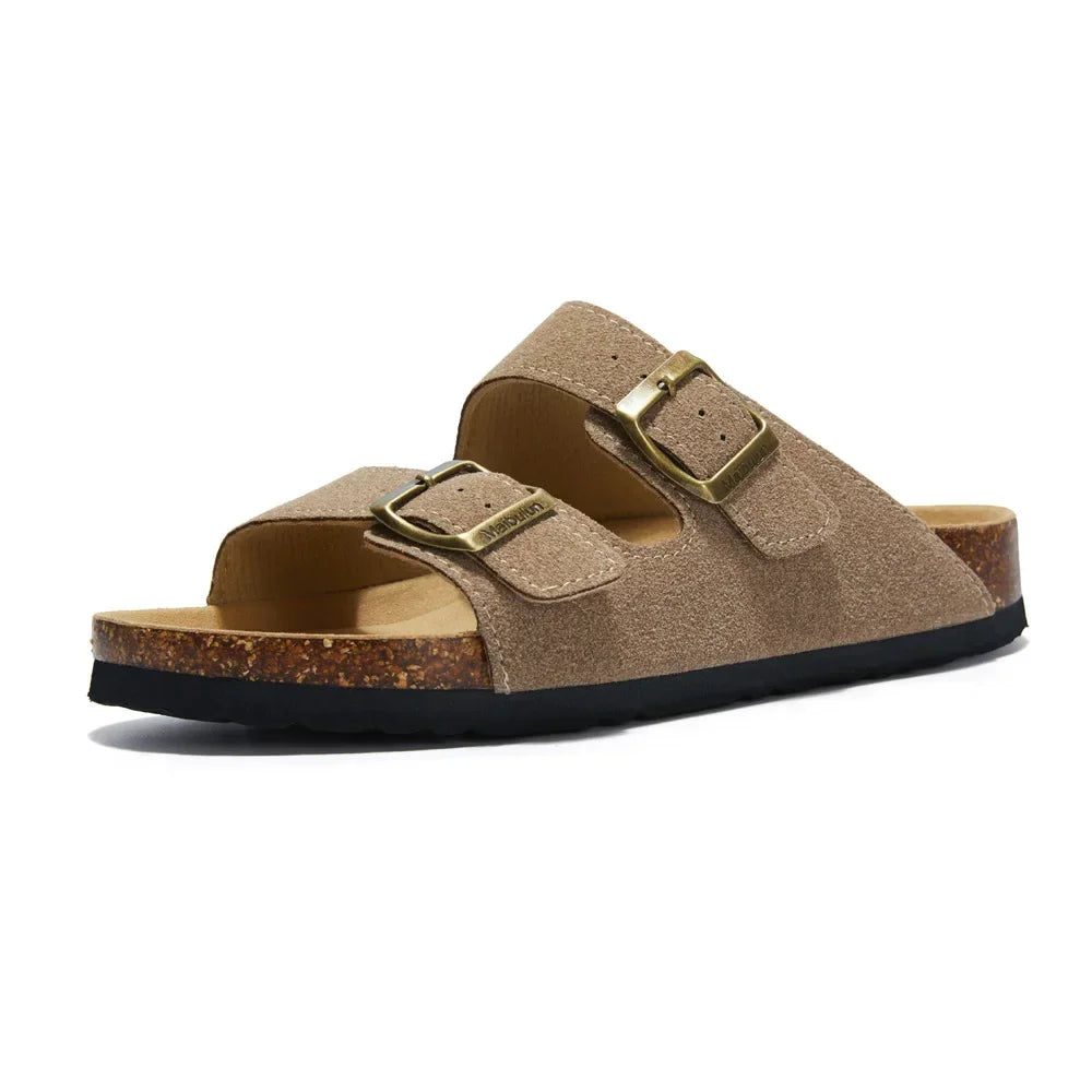 Soft Footbed Sandals | Suede Leather Double Strap – Taupe