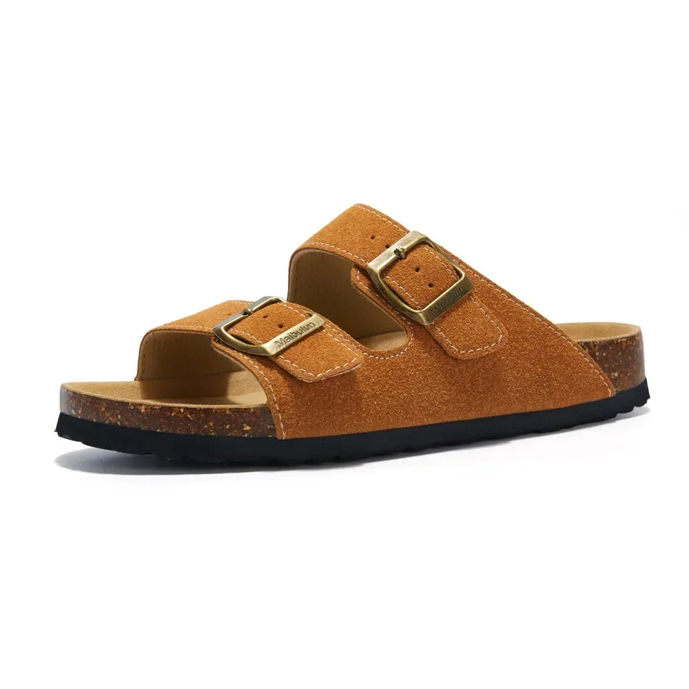 Soft Footbed Sandals | Suede Leather Double Strap – Taupe