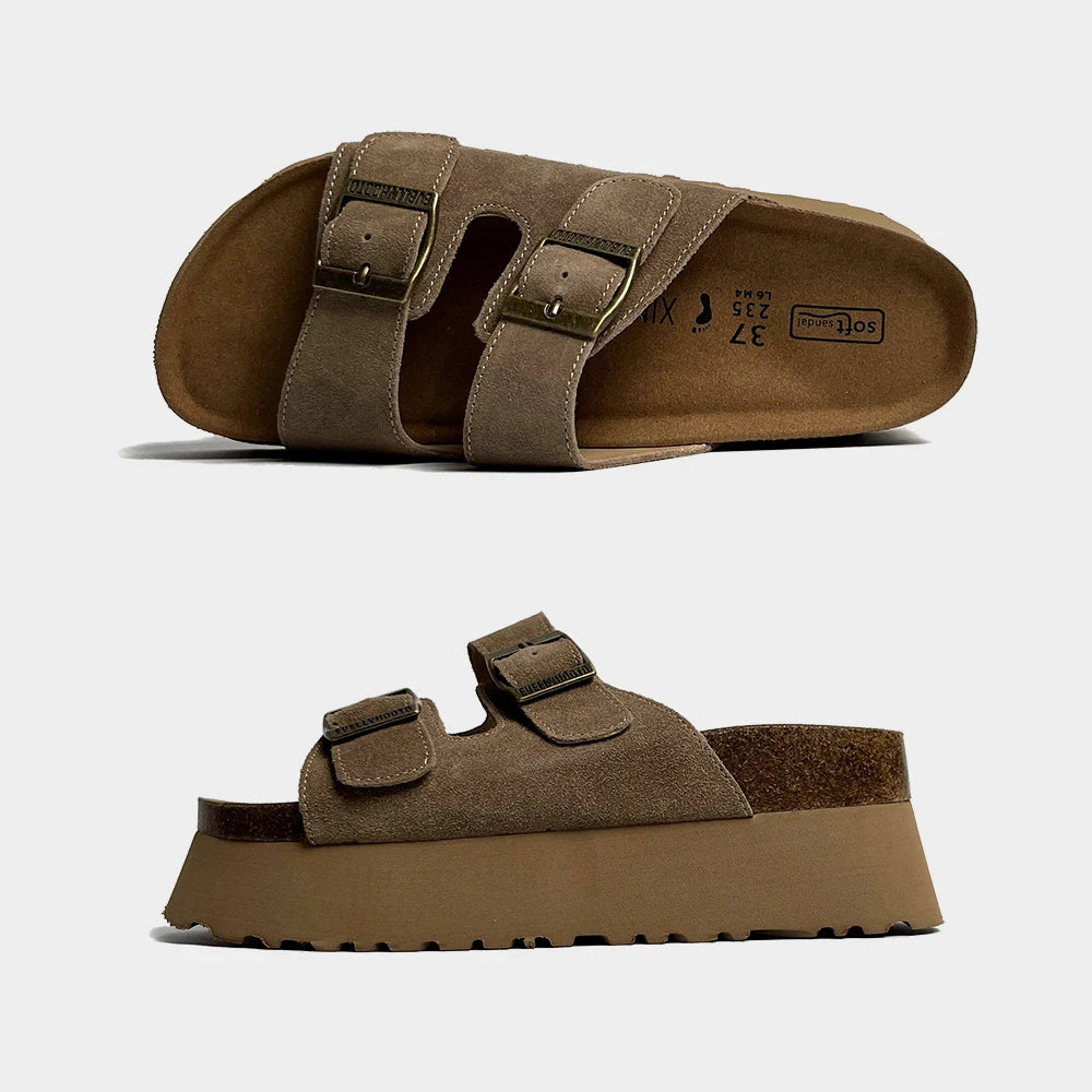 Kavos Women’s Suede Platform Cork Footbed Sandals | Double Strap Buckle Slides