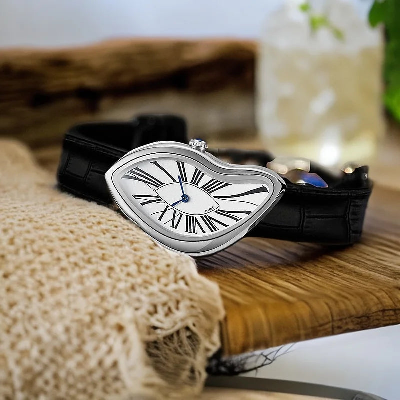 Surrealist Watch – Asymmetrical Case with Black Leather Strap
