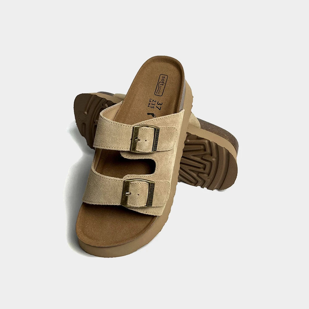 Kavos Women’s Suede Platform Cork Footbed Sandals | Double Strap Buckle Slides