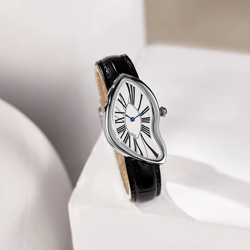 Surrealist Watch – Asymmetrical Case with Black Leather Strap