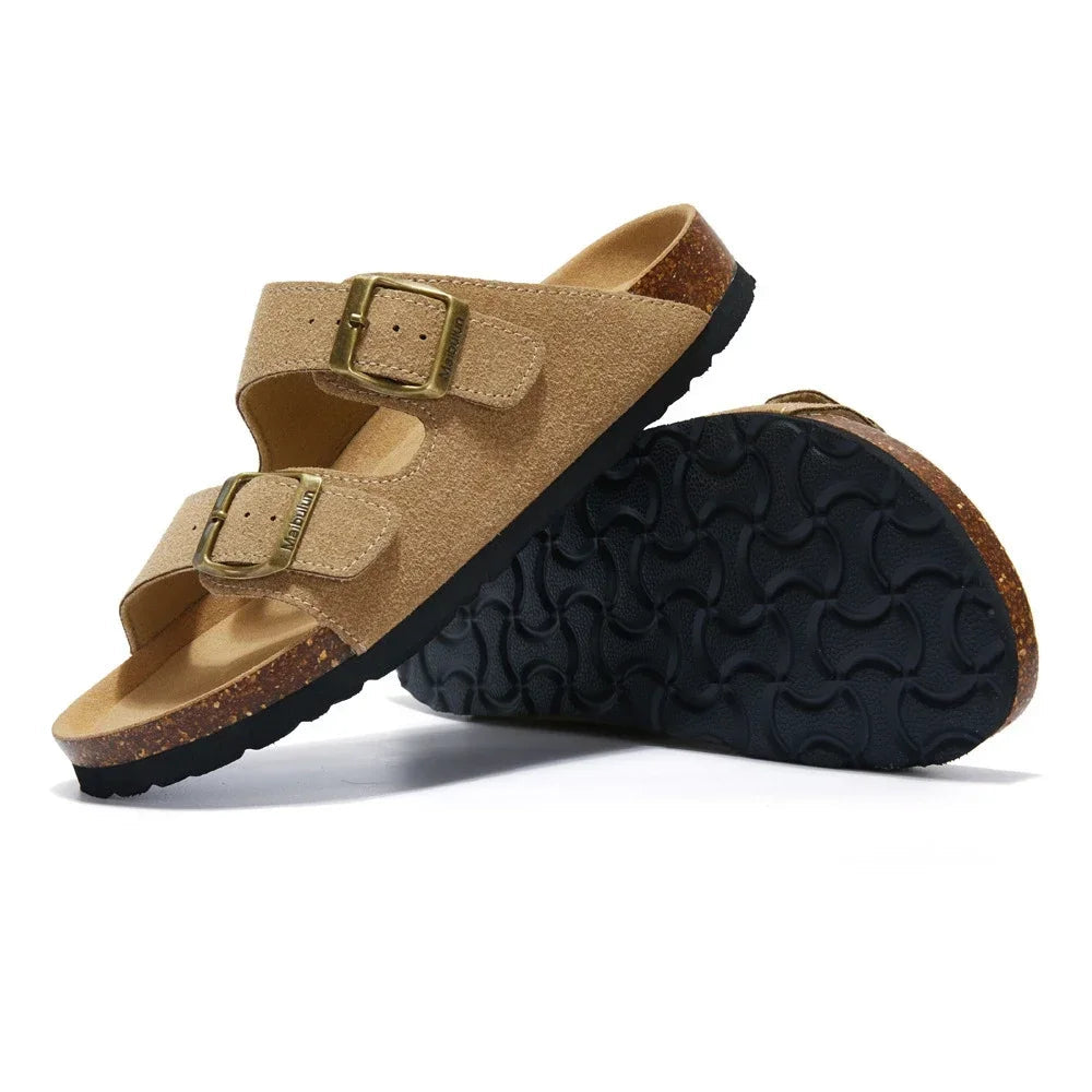 Soft Footbed Sandals | Suede Leather Double Strap – Taupe