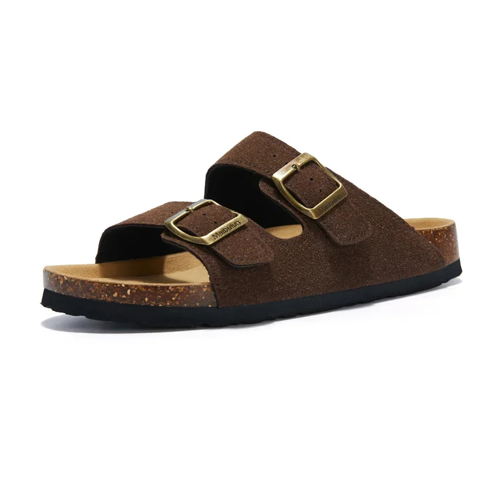Soft Footbed Sandals | Suede Leather Double Strap – Taupe