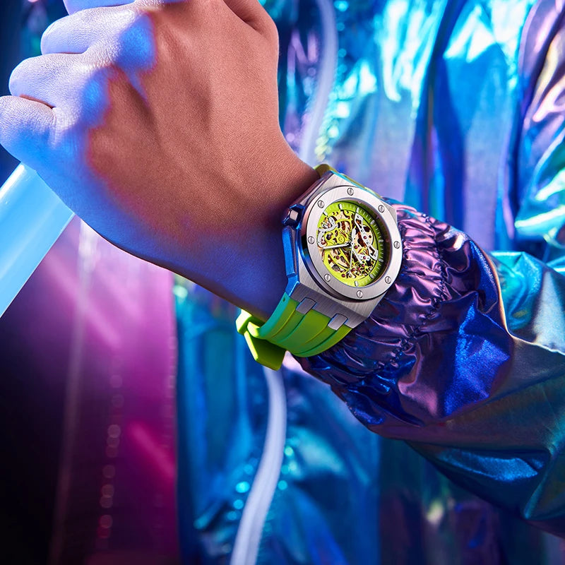Men’s Skeleton Watch – Exposed Movement, Rubber Strap - W003