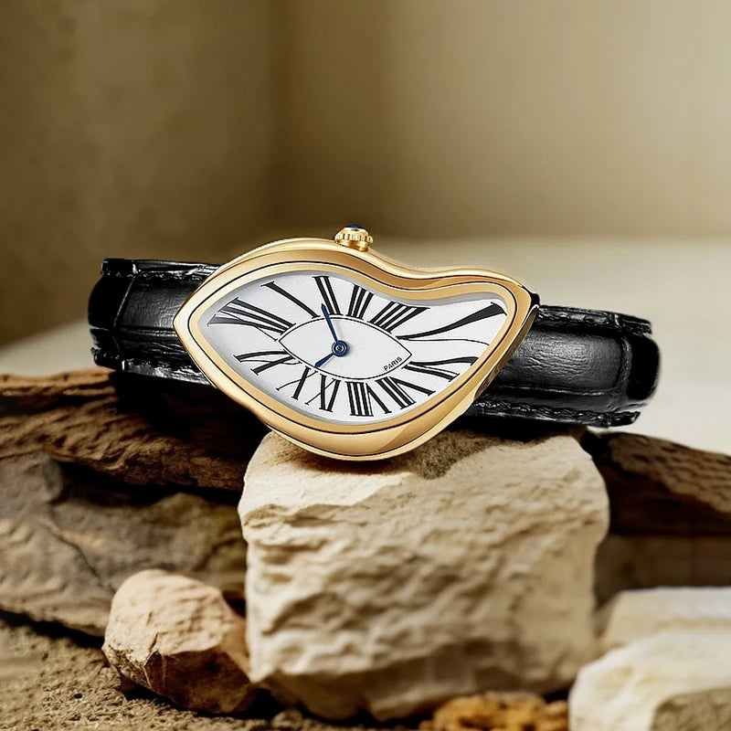 Surrealist Watch – Asymmetrical Case with Black Leather Strap