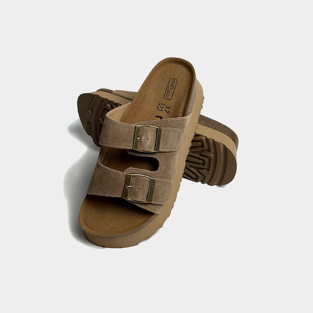 Kavos Women’s Suede Platform Cork Footbed Sandals | Double Strap Buckle Slides