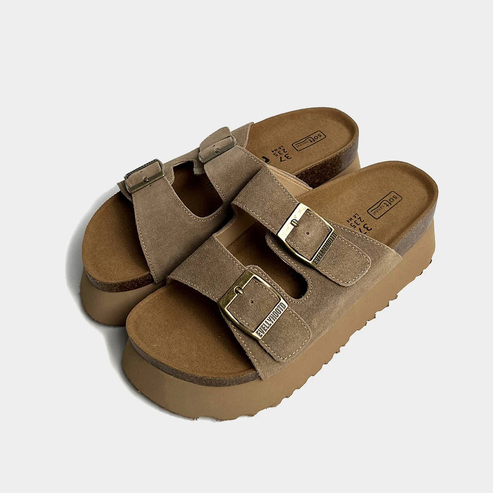 Kavos Women’s Suede Platform Cork Footbed Sandals | Double Strap Buckle Slides
