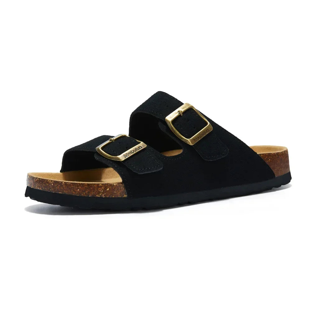 Soft Footbed Sandals | Suede Leather Double Strap – Taupe