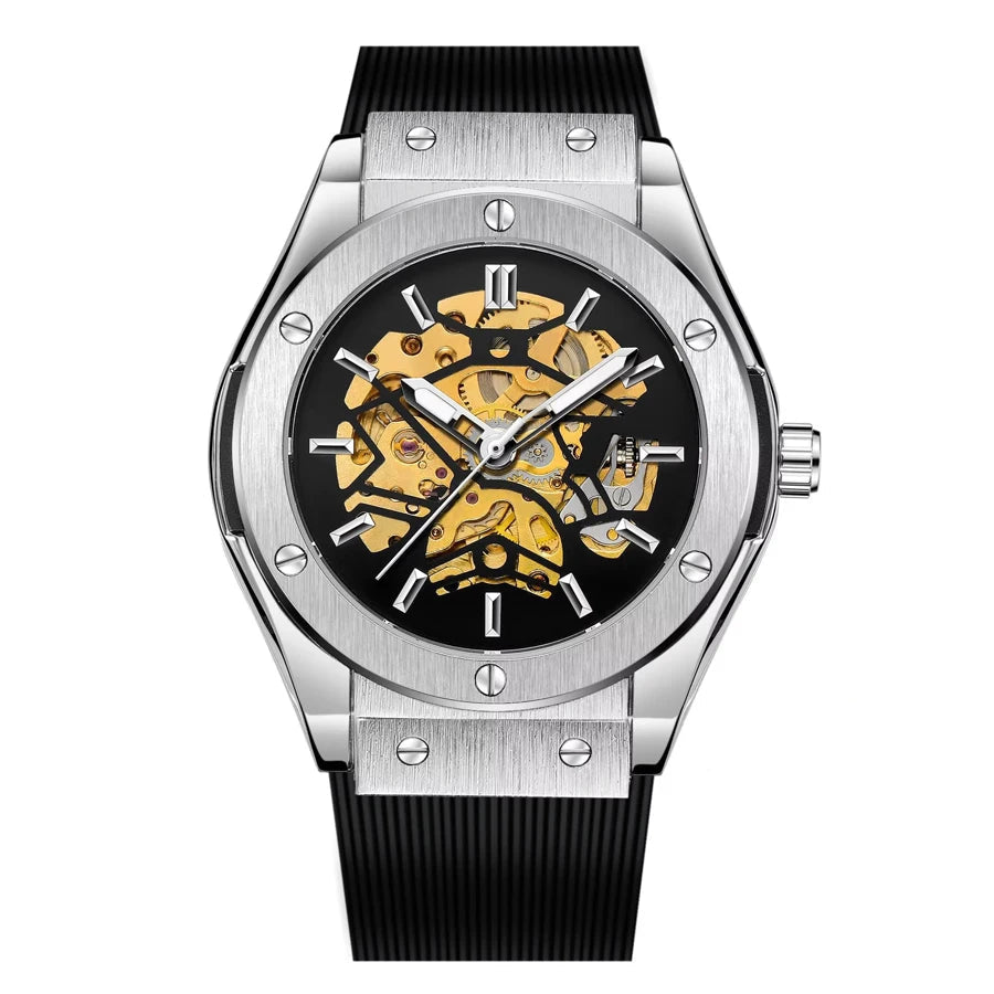 Men’s Skeleton Automatic Watch – Brushed Steel Bezel, Rubber Strap - W004