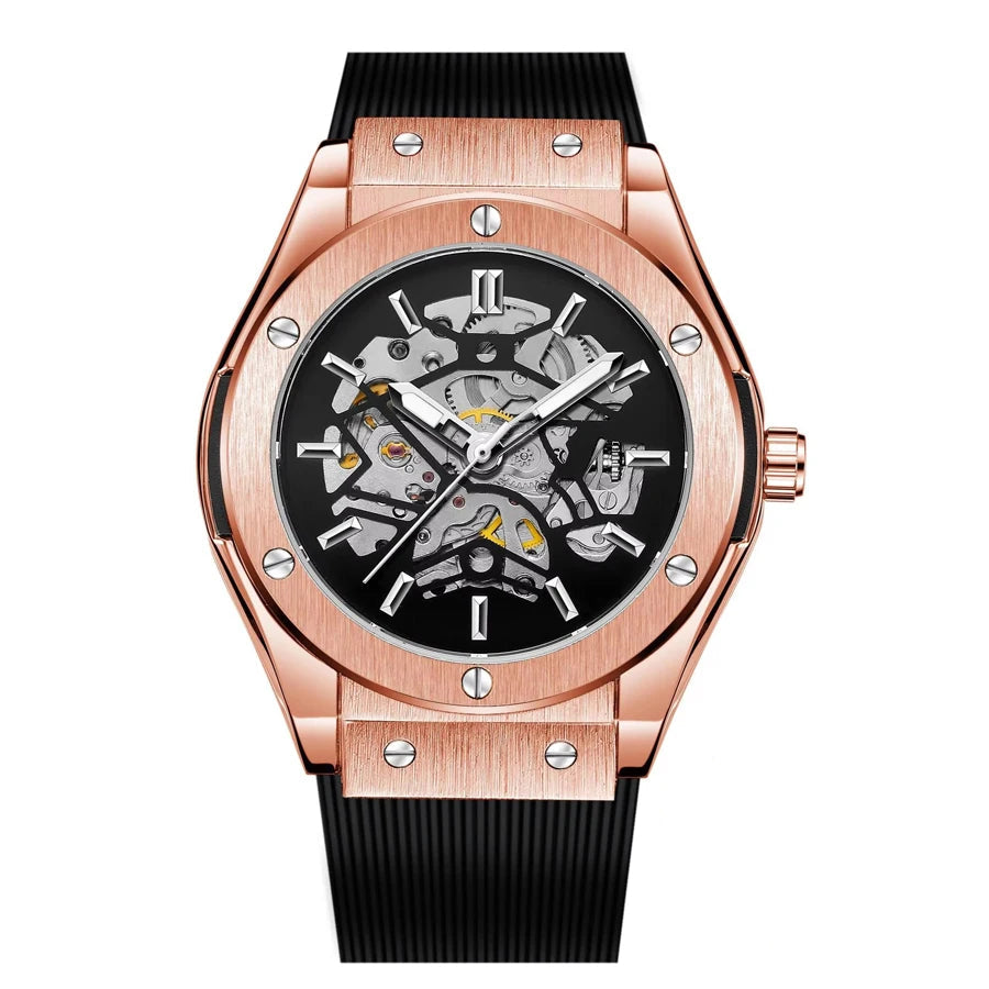 Men’s Skeleton Automatic Watch – Brushed Steel Bezel, Rubber Strap - W004