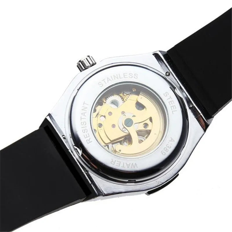 Men’s Skeleton Automatic Watch – Brushed Steel Bezel, Rubber Strap - W004