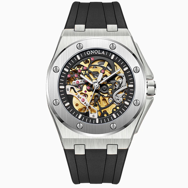 Men’s Skeleton Watch – Exposed Movement, Rubber Strap - W003