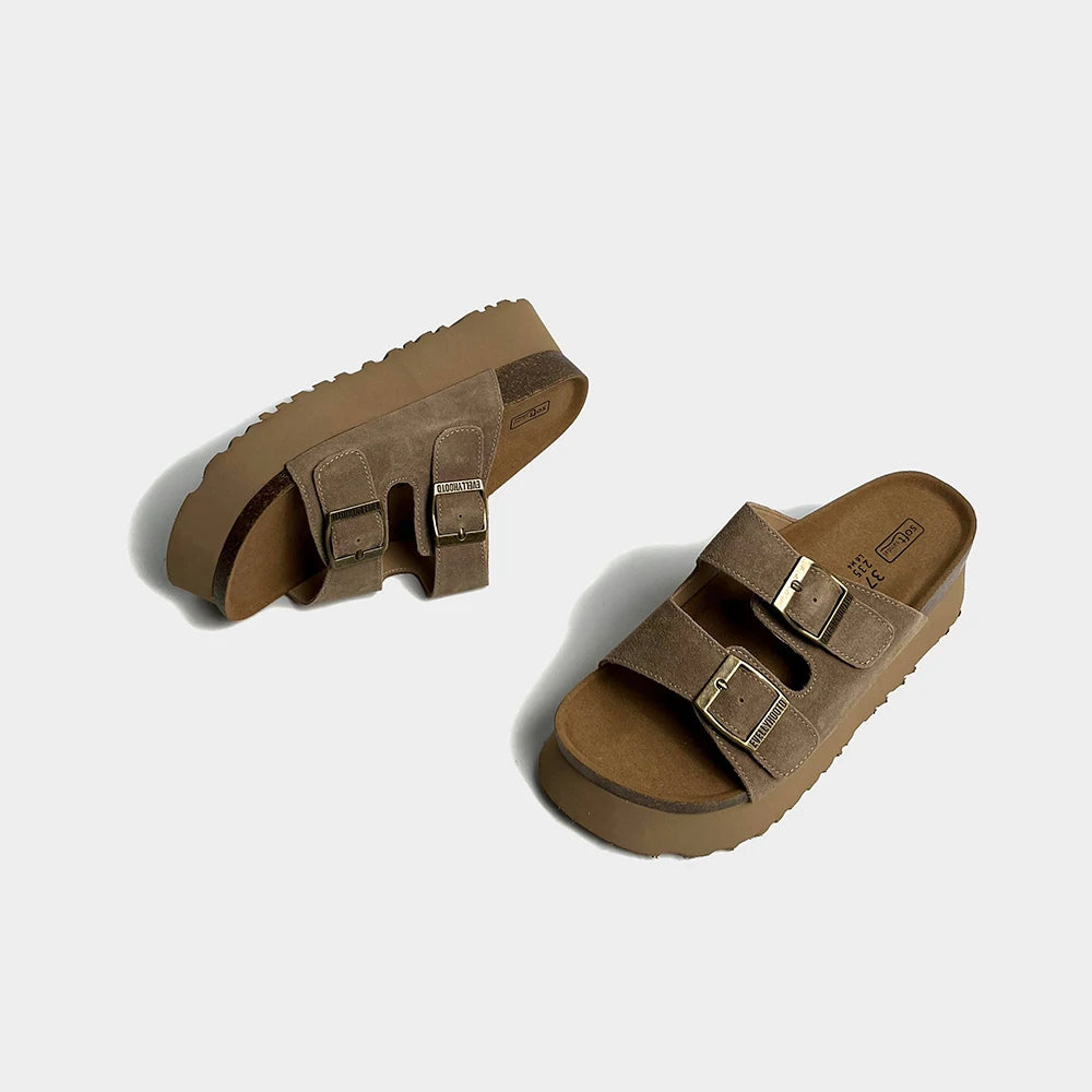 Kavos Women’s Suede Platform Cork Footbed Sandals | Double Strap Buckle Slides