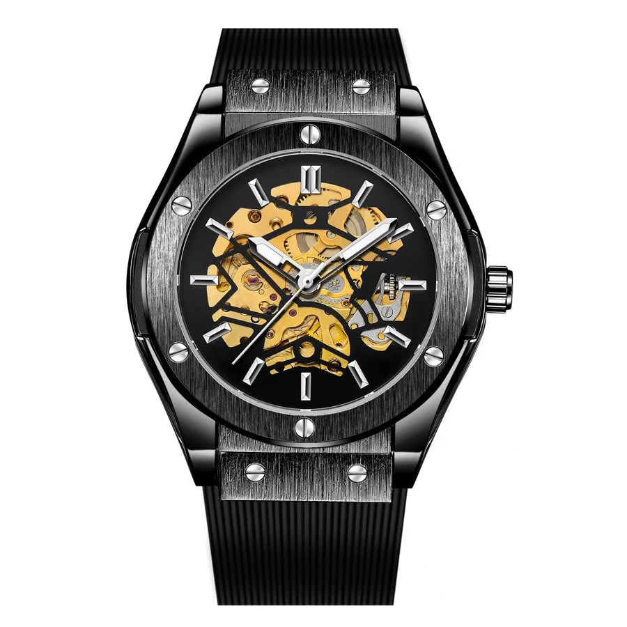 Men’s Skeleton Automatic Watch – Brushed Steel Bezel, Rubber Strap - W004
