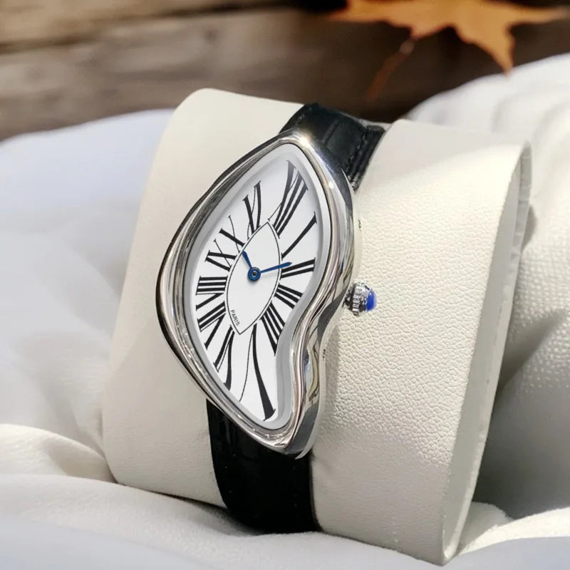 Surrealist Watch – Asymmetrical Case with Black Leather Strap