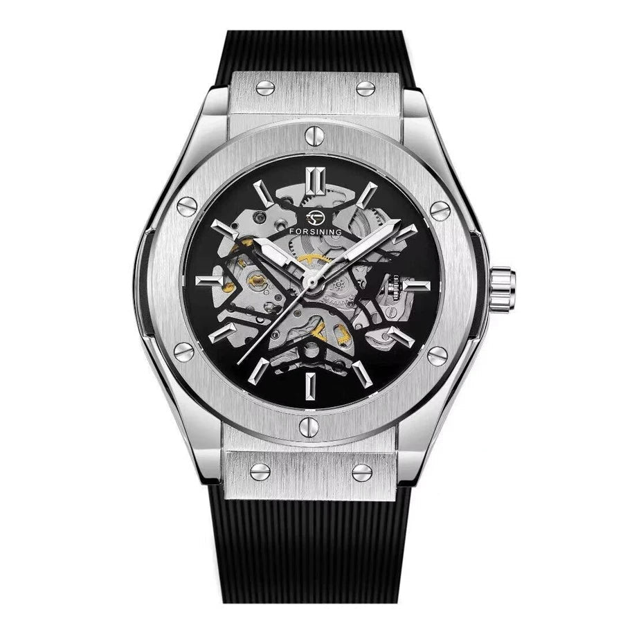Men’s Skeleton Automatic Watch – Brushed Steel Bezel, Rubber Strap - W004