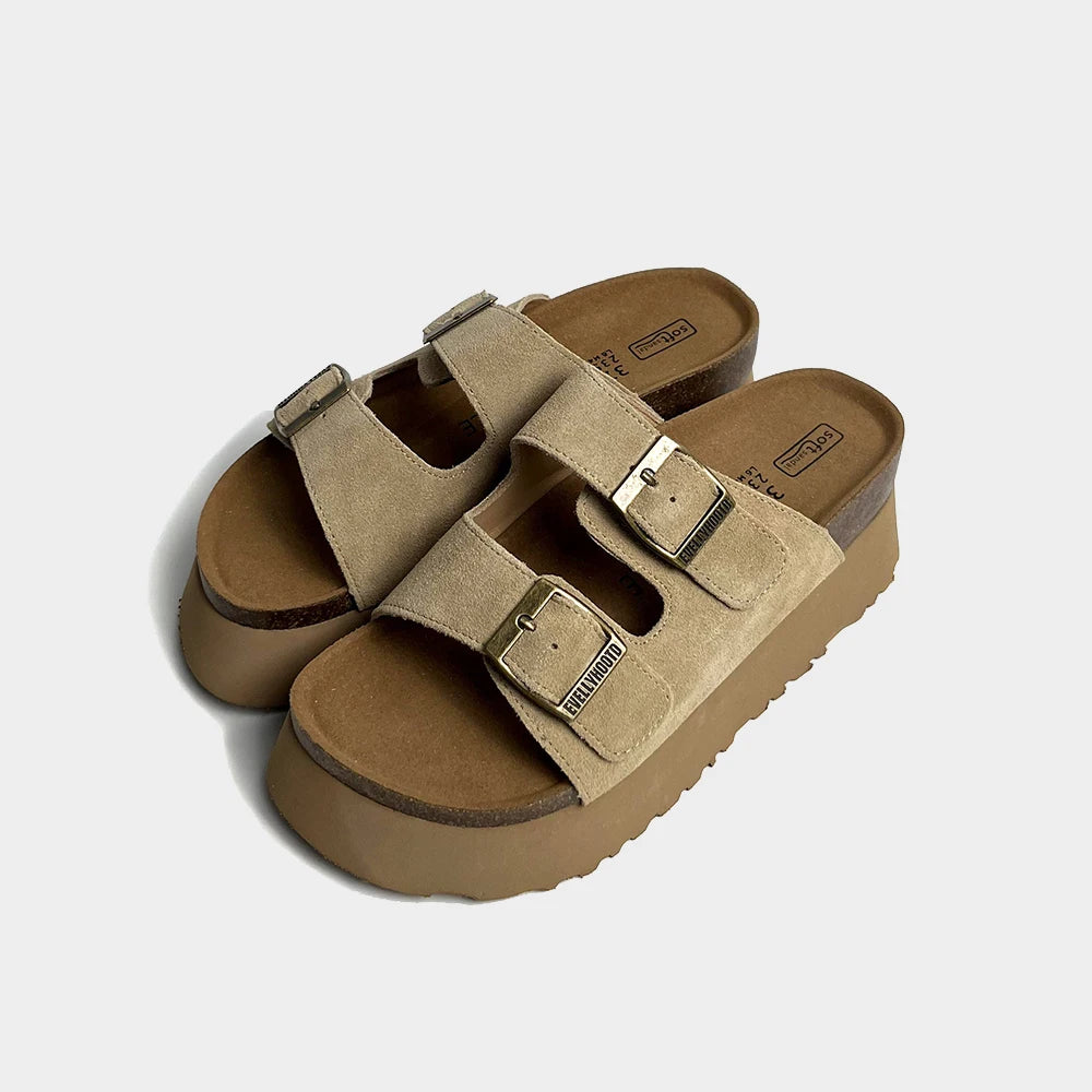 Women’s Suede Platform Cork Footbed Sandals | Double Strap Slides with Buckle