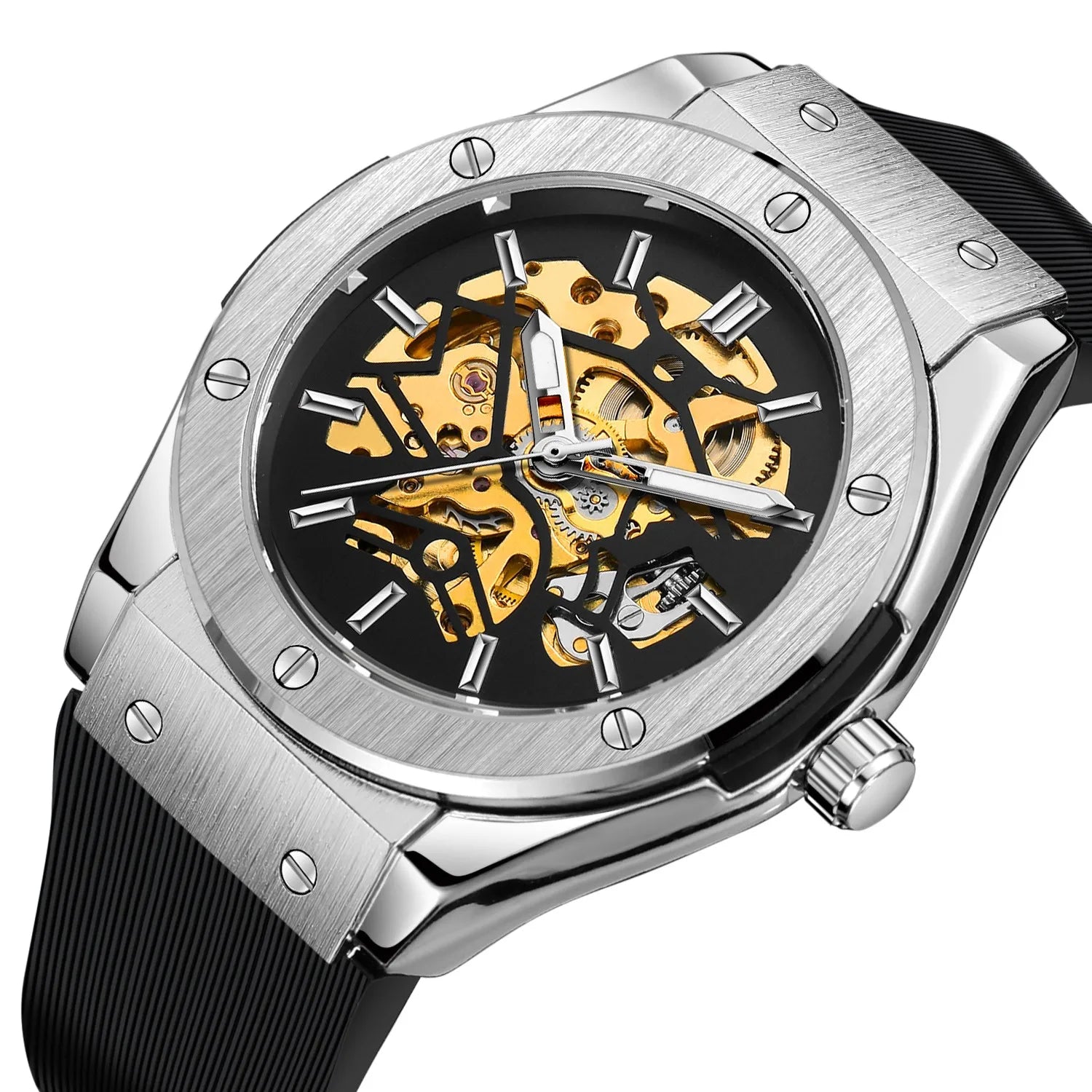 Men’s Skeleton Automatic Watch – Brushed Steel Bezel, Rubber Strap - W004