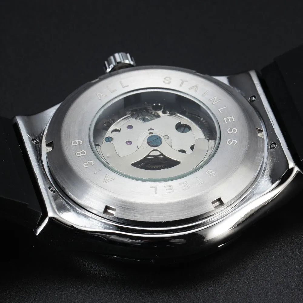 Men’s Skeleton Automatic Watch – Brushed Steel Bezel, Rubber Strap - W004