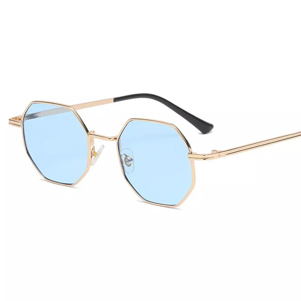 Hexagonal Sunglasses Al mare, women sunglasses, side, gold and blue